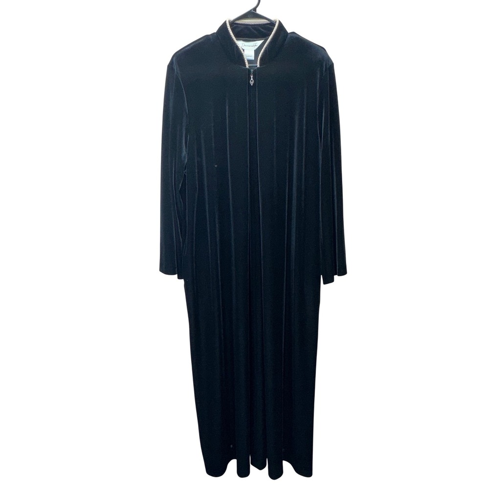Diamond Tea VTG Black Velvet Zip Front Robe Gold Trim House Coat Loungewear L